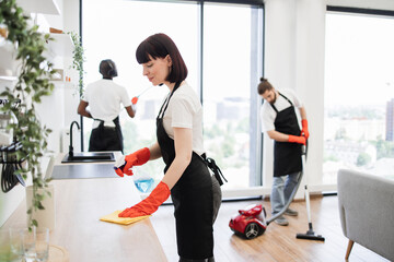 Portrait of Caucasian young woman cleaning on table in kitchen room. Housekeeper team in black...