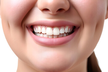 A close-up shot of pretty woman's face. Charming smile with immaculate teeth for dental service promotions	
