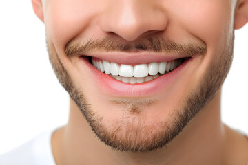 Fototapeta premium A close-up shot of handsome man's face. Charming smile with immaculate teeth for dental service promotions 