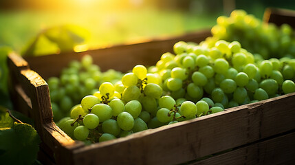 Harvest season. Big wooden box full of freshly grapes standing in fruit garden