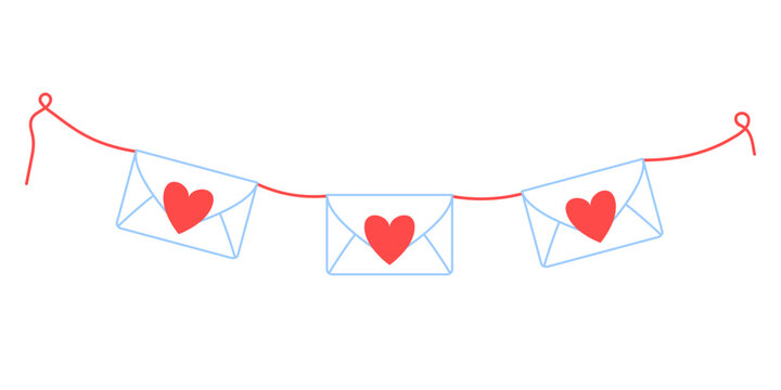 Garland of love letters in envelopes with hearts on a red thread illustration. Festive romantic doodle clipart. Valentine's Day symbol sticker design