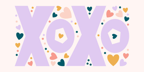 Xoxo lettering with hearts and dots. The romantic phrase, saying, quote for printing. Valentine's Day sticker illustration design