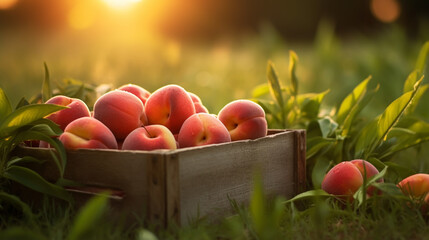 Ripe peaches in a wooden crate in the garden on sunny day