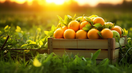 box of fresh citrus on grass with green background