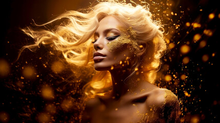 Woman with golden make-up in gold glittering dress on golden background. Beautiful woman with flowing hair. Warm, luxury and elegance atmosphere