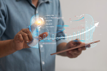 Businessman and robot touching AI digital screen. Concept icon: artificial intelligence, innovative technology, future, internet network communication. Financial graph.