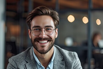 Smiling Man With Beard and Glasses - obrazy, fototapety, plakaty