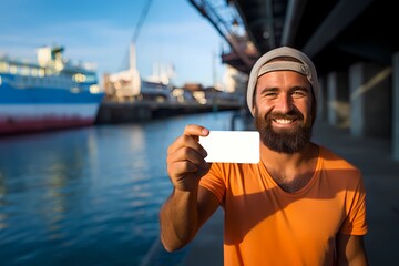 Happy handsome bearded man holding blank card, river harbor background