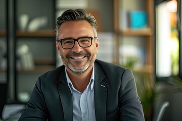 Male boss smiling with glasses in office