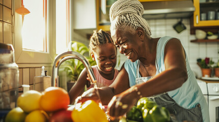 Happy african american grandmother and grandchild washing vegetables in kitchen - Soft focus on woman face - Model by AI generative
 - obrazy, fototapety, plakaty