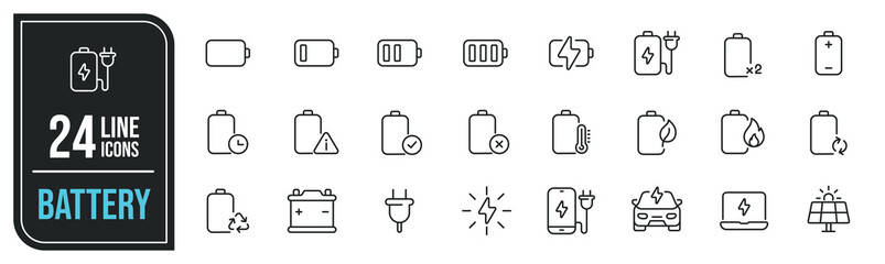 Battery simple minimal thin line icons. Related power, electrical, charger, energy. Editable stroke. Vector illustration.
