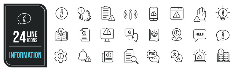 Information simple minimal thin line icons. Related manual, instruction, support, service. Editable stroke. Vector illustration. - obrazy, fototapety, plakaty