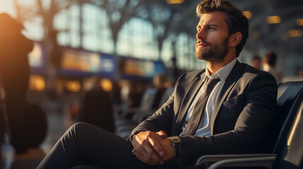 Close up smiling face of young Asan businessman wearing suit sitting at airport terminal - obrazy, fototapety, plakaty
