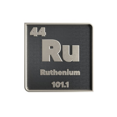 Ruthenium chemical element black and metal icon with atomic mass and atomic number. 3d render illustration.