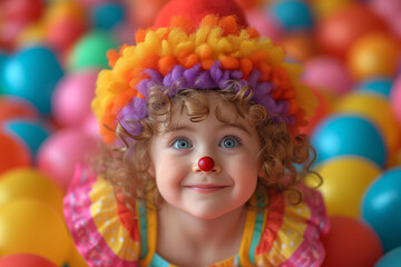 Fototapeta na wymiar Concept of April 1st, April Fool's Day, circus day Portrait of Cute smilling child in cloun costume, joy, dance, has fun