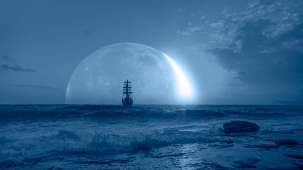Sailing old ship in storm sea - Night sky with crescent moon in the clouds 