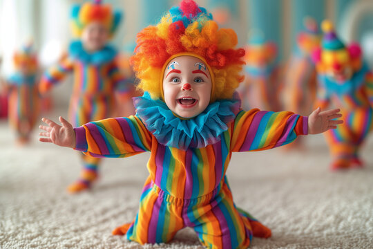 Concept of April 1st, April Fool's Day, circus day, Humor.
Cute smilling children in cloun costumes, joy, dance, has fun