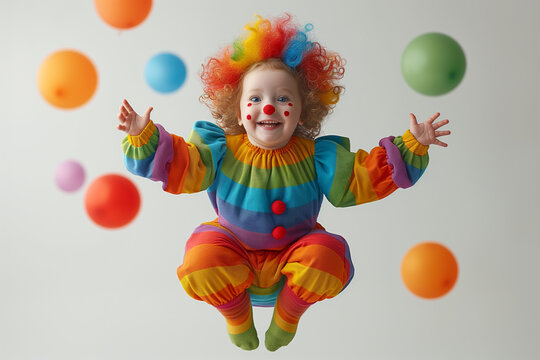 Concept of April 1st, April Fool's Day, circus day, Humor.
Cute smilling child in cloun costume, joy, dance, has fun