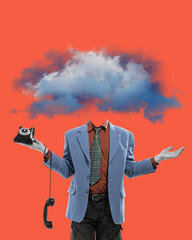 Obraz premium Having head into cloud. Businessman with cloud instead head spreading hands with phone handset. Misunderstanding. Contemporary art collage. Concept of psychology, inner world, mental health