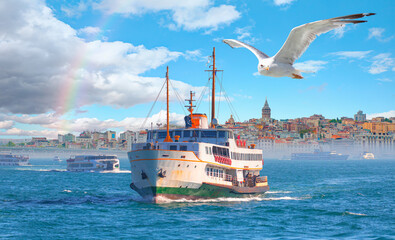 Sea voyage with old ferry (steamboat) in the Bosporus - Dolmabahce Palace  seen from the Bosphorus ...
