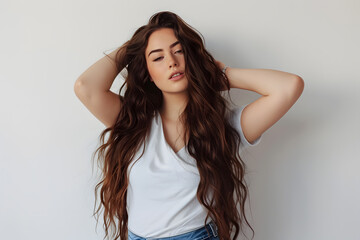 Fototapeta premium Beautiful plus size model posing in white t-shirt and blue jeans isolated on light grey background