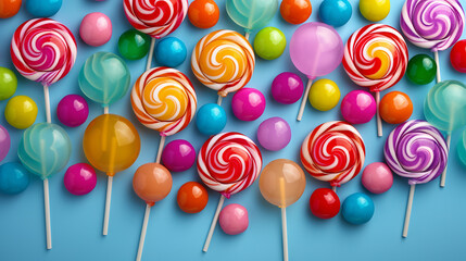 Colorful lollipops and different colored round candy on blue background