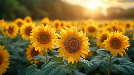 Fototapeta premium Photo of a field with sunflowers on a sunny evening