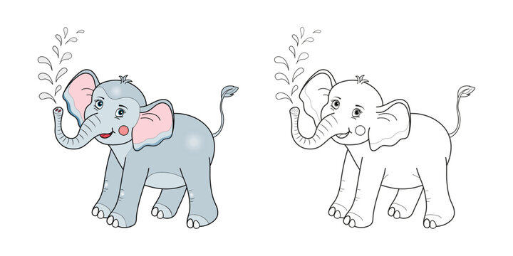 Cute elephant line and color. Cartoon vector illustration for coloring book