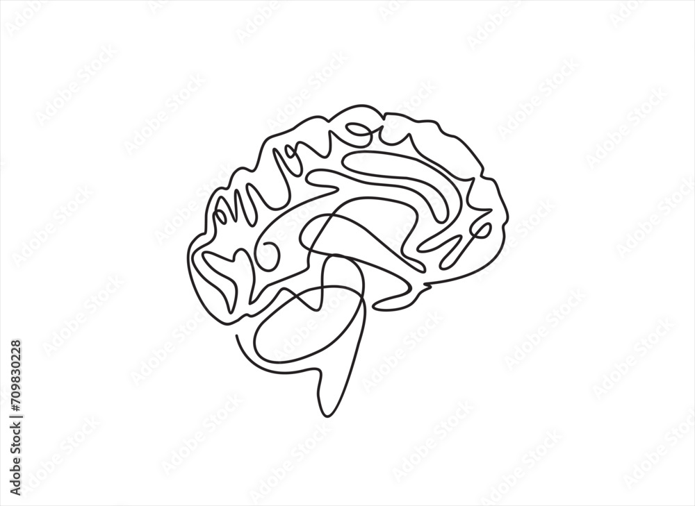 Poster continuous line art of brain. simple line art. one line vector