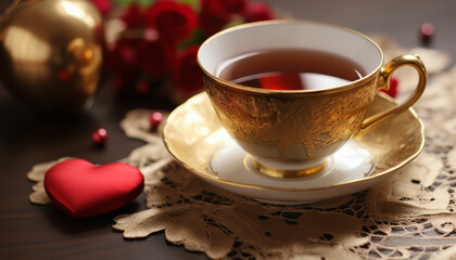 Fototapeta premium Illustrate a teacup as a decorative goblet, filled with hearts, and a basket brimming with heart shaped tea bags or love themed gifts. Leave space for a warm Valentine's note.