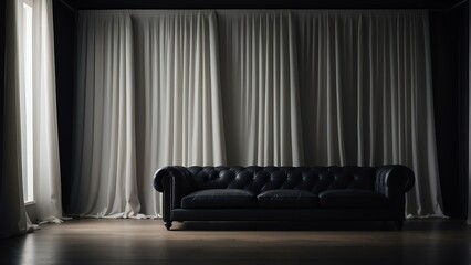 Plain black walls with white curtain drapes from Generative AI