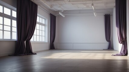 Empty gallery studio with plain white walls and purple curtain drapes from Generative AI