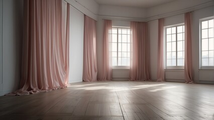 Empty gallery studio with plain white walls and pink curtain drapes from Generative AI