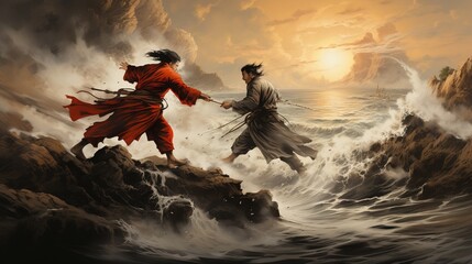 Two samurais engage in a duel on a cliff in a dynamic scene.