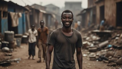 Portrait of smiling black african man on poor slums area background from Generative AI