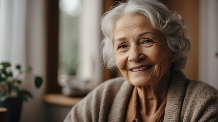 Fototapeta na wymiar Portrait of a smiling elderly woman on a cozy home background from Generative AI