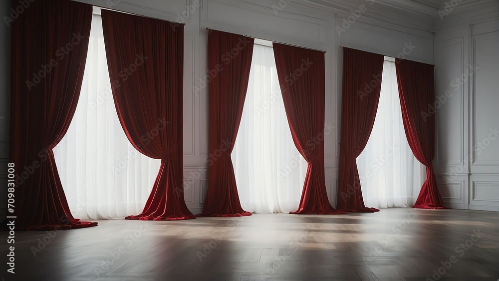 Aufkleber Plain white walls with red curtain drapes from Generative AI