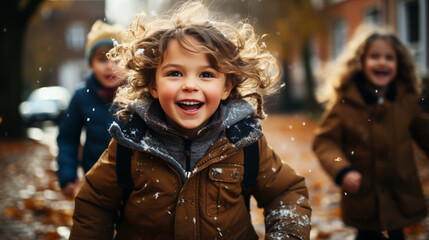 Little kids of elementary class walking to school during snowfall. Happy children having fun and playing with first snow. - obrazy, fototapety, plakaty