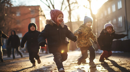 Little kids of elementary class walking to school during snowfall. Happy children having fun and playing with first snow.