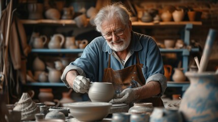senior man clay artist working in his studio with spinning pottery wheel - obrazy, fototapety, plakaty