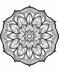 abstract floral mandala to paint for adults with withe background and one silhouette of a  black flower to paint