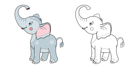 Happy elephant cartoon line and color. Cartoon vector illustration for coloring book