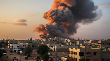 Smoke rises after air strikes of the city generated AI