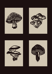 Set of quirky scandi folkart of floral clipart illustrations in woodland scandi style. Collection of linocut forest floral icons. 