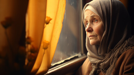 lonely old woman looks out the window