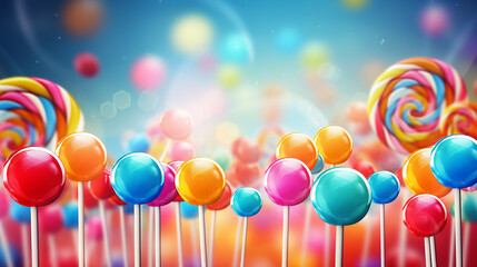 colorful lollipops candy border background. hard candies on stick with blurred background