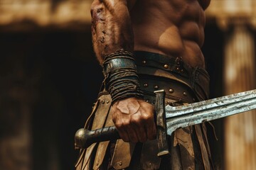 Close-up of a male gladiator warrior's hands gripping a gladius sword, against a backdrop of a gladiator barracks
