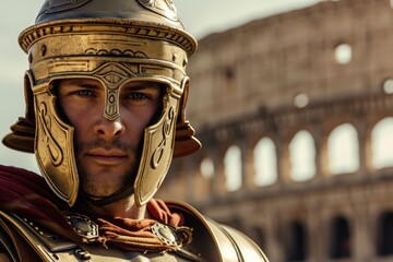 Close-up of a male Roman Emperor warrior in battle armor, with an intense gaze, against a backdrop of the Roman Colosseum