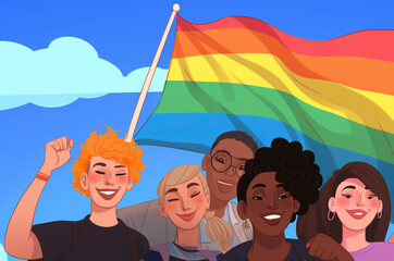 Obraz premium Illustrated Friends Celebrating with Pride Flag 