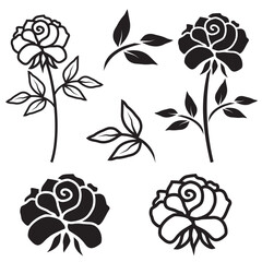 set of Isolated rose flower, vector illustration stencil, black outline, coloring on a white background